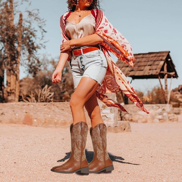 J's.o.l.e Women Brown Cowboy Boots Square Toe Western Cowgirl Fashion Botte Cow - Picture 5 of 8